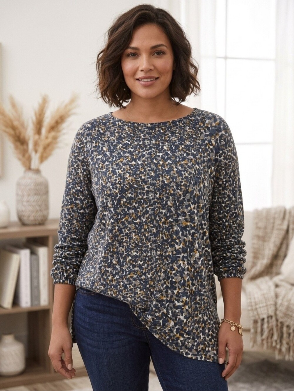 Zac & Rachel Blue Gray Yellow Animal Print Asymmetrical Knit Boat Neck Sweater M